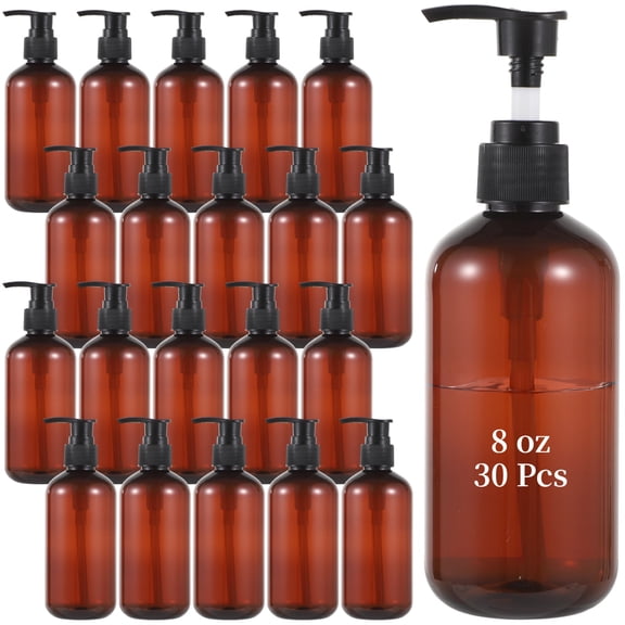 30 Pcs Empty Pump Bottles, 8 oz Amber Plastic Bottles, Refillable Pumping Bottles, Travel Lotion Dispensers with Pumps, Body Wash Containers for Shampoo, Conditioner, Cream, Liquid