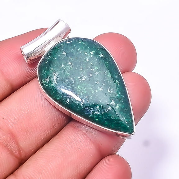 Green Aventurine -India 925 Silver Plated Pendant 1.76", Green Green Aventurine Pendant P_7997_323_8