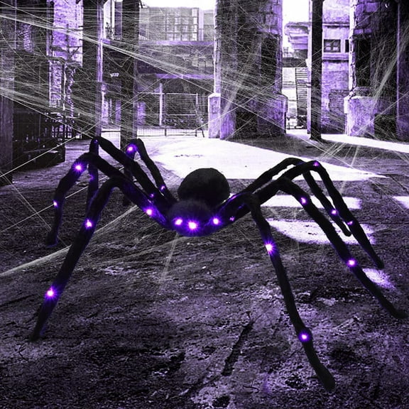 4FT Halloween Spider Decor,Giant Light Up Black Hairy Spider with 16 Purple LEDs,Scary Sound Fake Spider for Halloween Party Decor