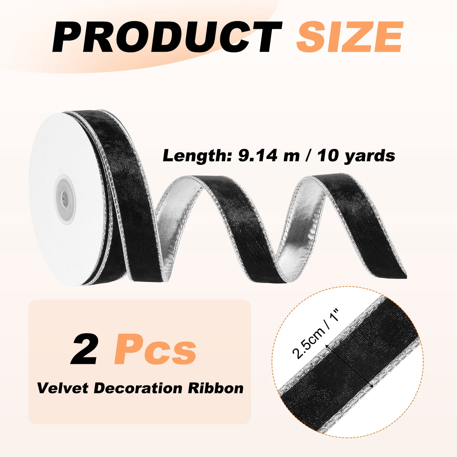 Uxcell Velvet Wired Ribbon, (1 Inch x 10 Yards, 2 Pcs)(Black) Velvety Gold Crushed Ribbons Gift Wrapping Binding, Suit For- Crafts/Bow/Wreaths/Christmas Tree Decoration