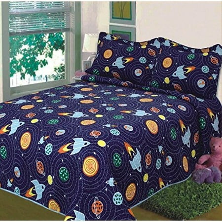 Fancy Collection Twin Size 2pc Bedspread Boys Space Planets Solar system Blue New