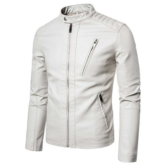 XFLWAM Mens Casual Stand Collar Slim Fit Faux Leather Jacket Biker Motorcycle Jacket White M
