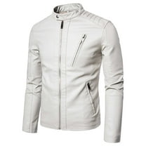 XFLWAM Mens Casual Stand Collar Slim Fit Faux Leather Jacket Biker Motorcycle Jacket White M