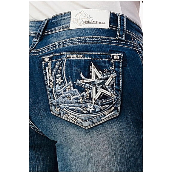 Grace in LA Women's Moon Star Embroidered Distressed Bootcut Stretch Jeans (25)