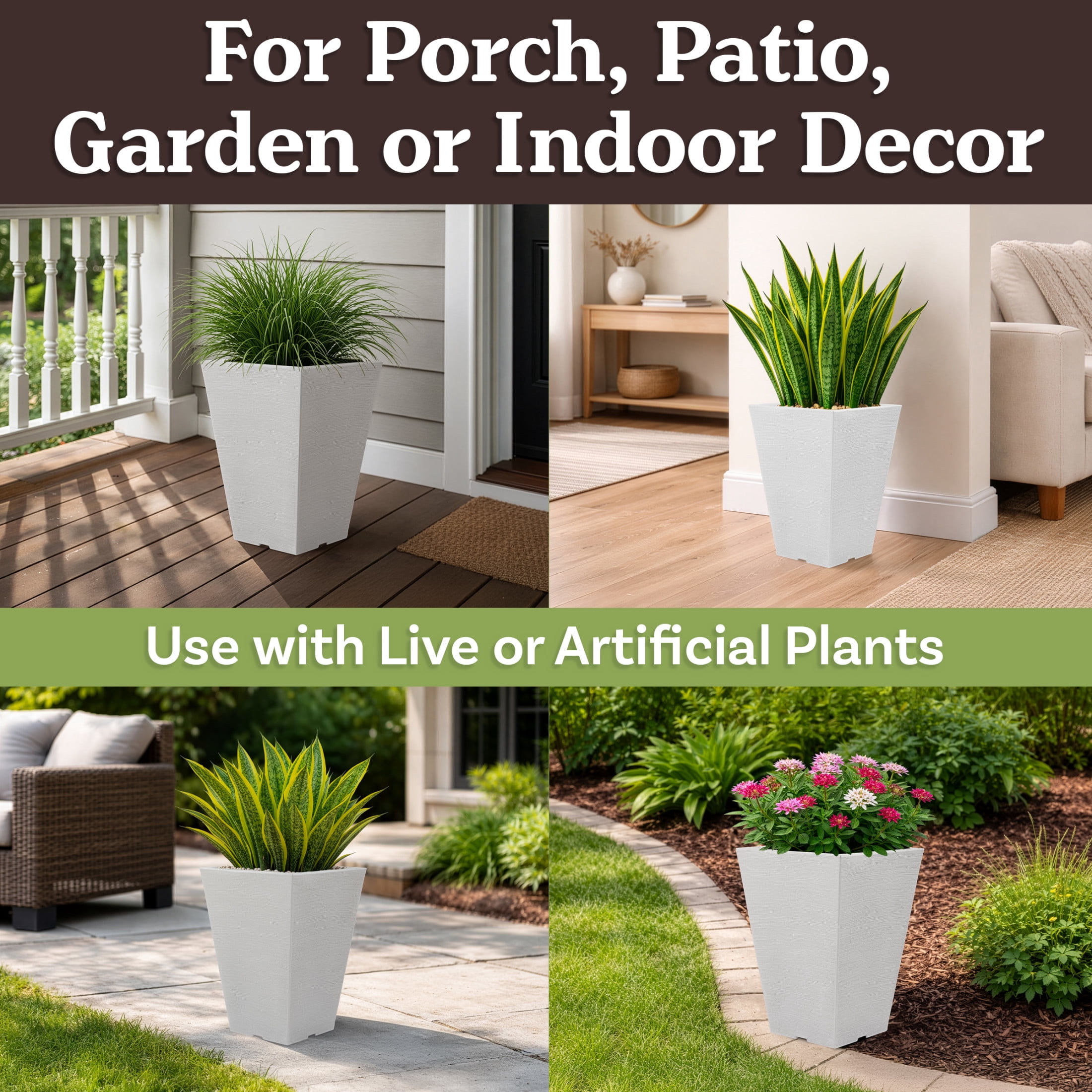 Pure Garden Large Outdoor Planters 2-Pack - 13.75” Tall Planters for Outdoor Plants or Indoors, White