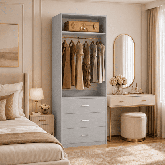 Homieasy Freestanding 2FT Closet System with 3 Wood Drawers, 24" Closet Organizer System with Hanging Rod & Shelves, Walk-in Closet Systems for Small Closets, Gary