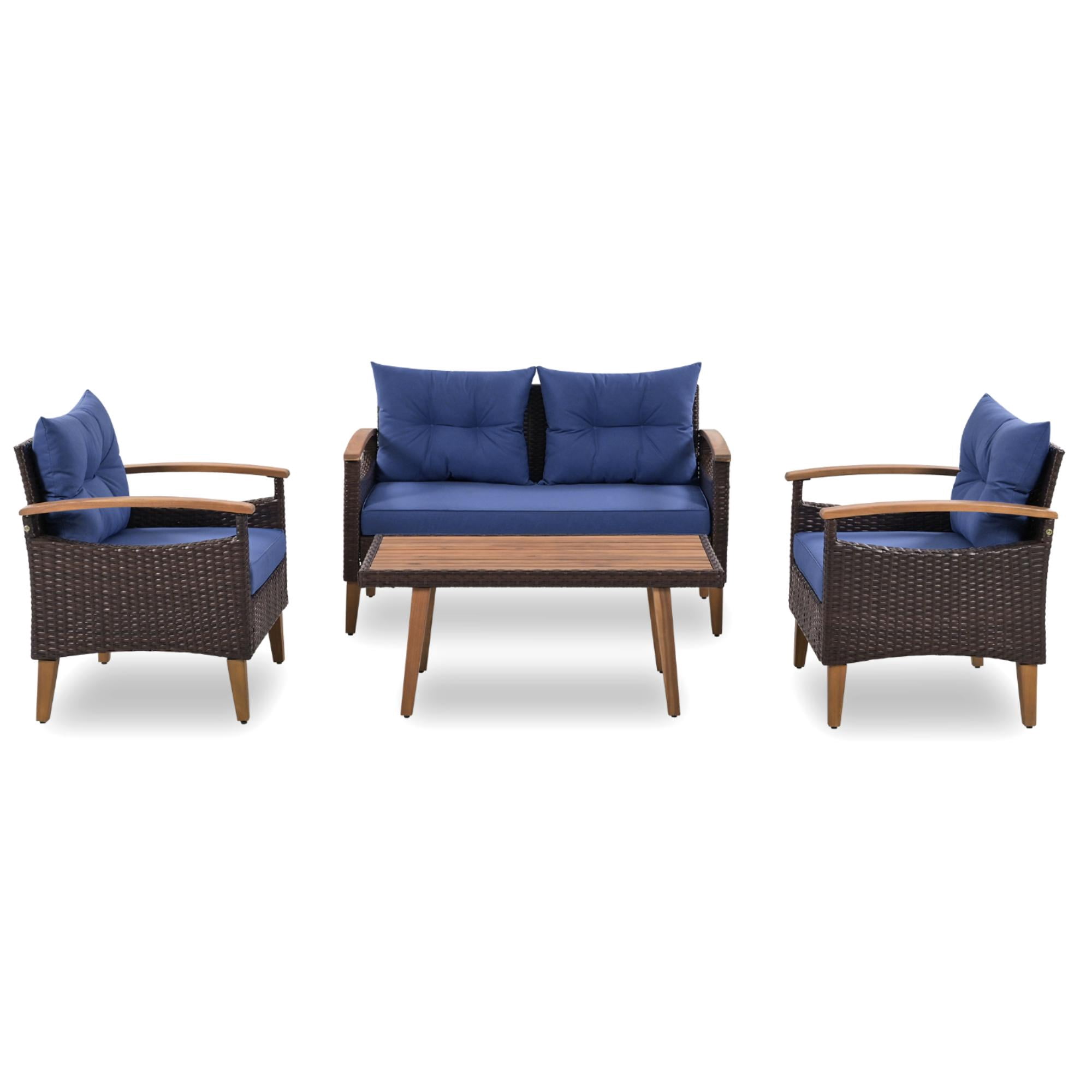Kadyn 4 Pcs Wicker Outdoor Patio Seating Set with Table, Blue