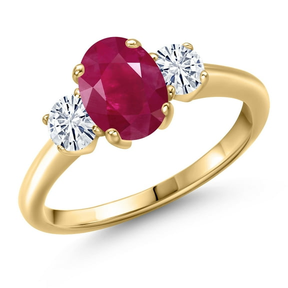 Gem Stone King 10K Yellow Gold Red Ruby and White Moissanite Engagement Ring for Women | 2.06 Cttw | Oval 8X6MM | Gemstone July Birthstone | Size 5