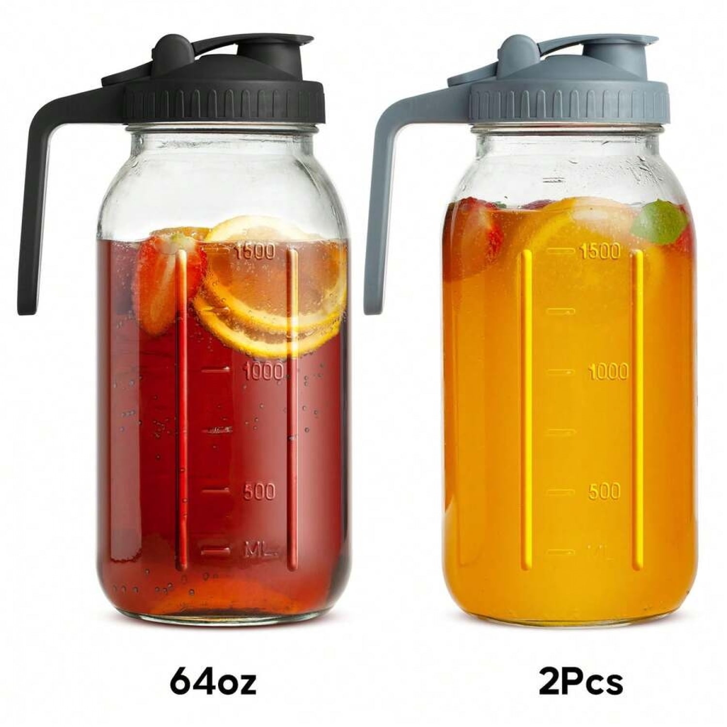 NTGFU 2-Piece Mason Jar Pitcher, 64OZ Breast Milk Pitcher Double Leak Proof with Pour Spout Handle, Wide Mouth Iced Tea Pitcher for Fridge, Creamer Container for Coffee, Sun Tea Juice