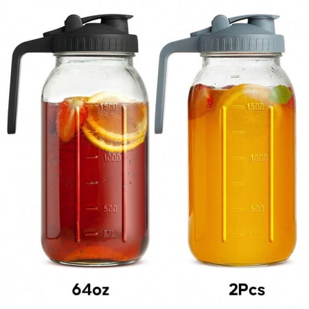 GNWZCUYSNS 2-Piece Mason Jar Pitcher, 64OZ Breast Milk Pitcher Double Leak Proof With Pour Spout Handle, Wide Mouth Iced Tea Pitcher For Fridge, Creamer Container For Coffee, Sun Tea Juice Black