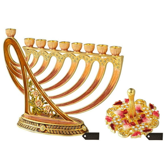 Matashi Hand Painted Enamel Menorah Candelabra w/ Deep Earthy Colors and Spinning Dreidel Holiday Ornaments (Pewter) with Gold Accents and Crystals Jewish Candle Holder Hanukkah Gift Jewish Decor