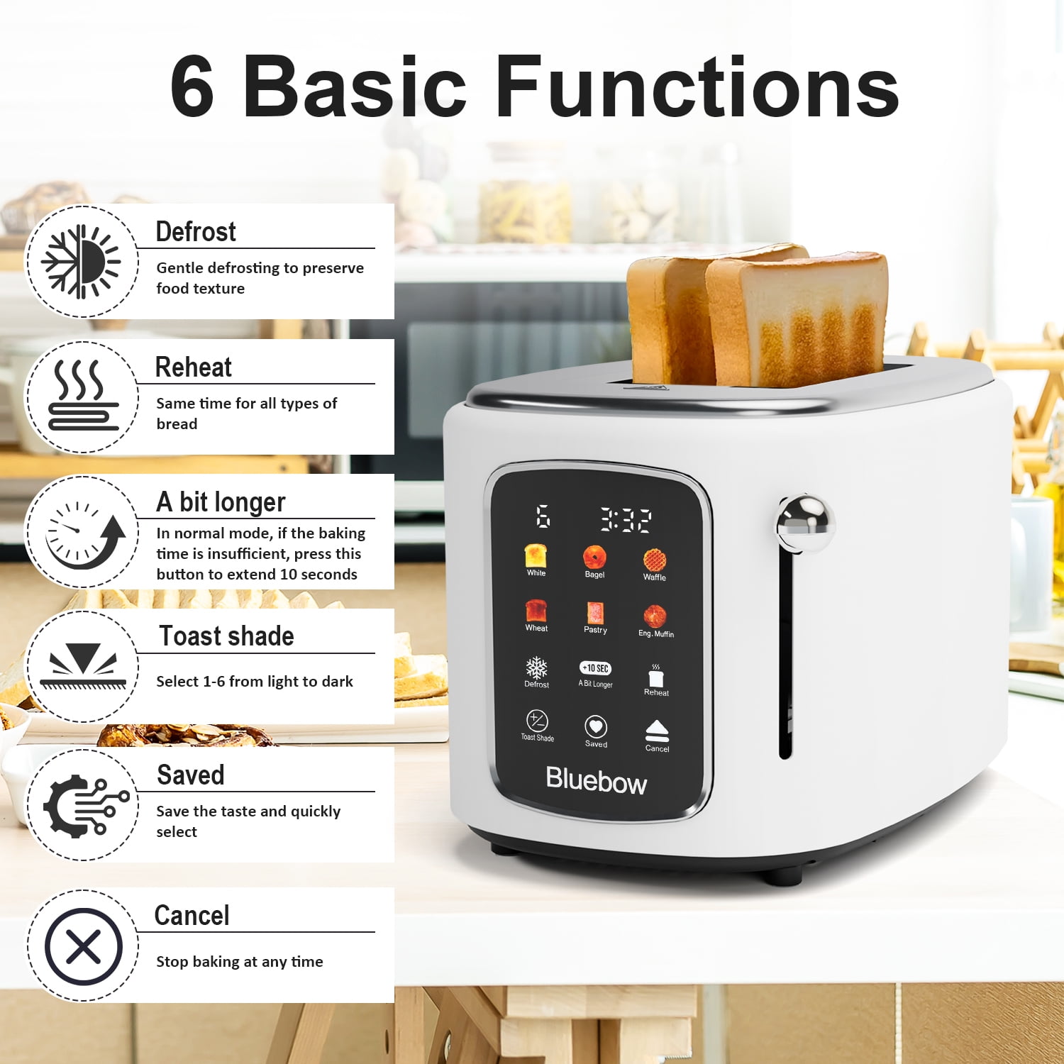 Bluebow 2-Slice Toaster with Touchscreen, 1.5" Wide Slots, 6 Bread Types & Shade Settings, Reheat, Defrost, Cancel, Removable Tray