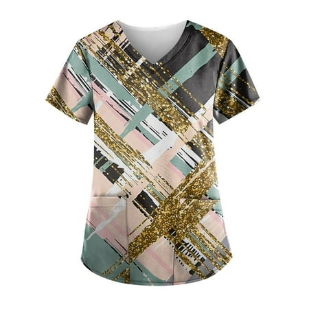 

Sksloeg Womens Scrub Tops V-Neck Vintage Clothes Color Block Printed T-Shirts Short Sleeve Workwear Nurse Uniform Tee with Pockets Gold S