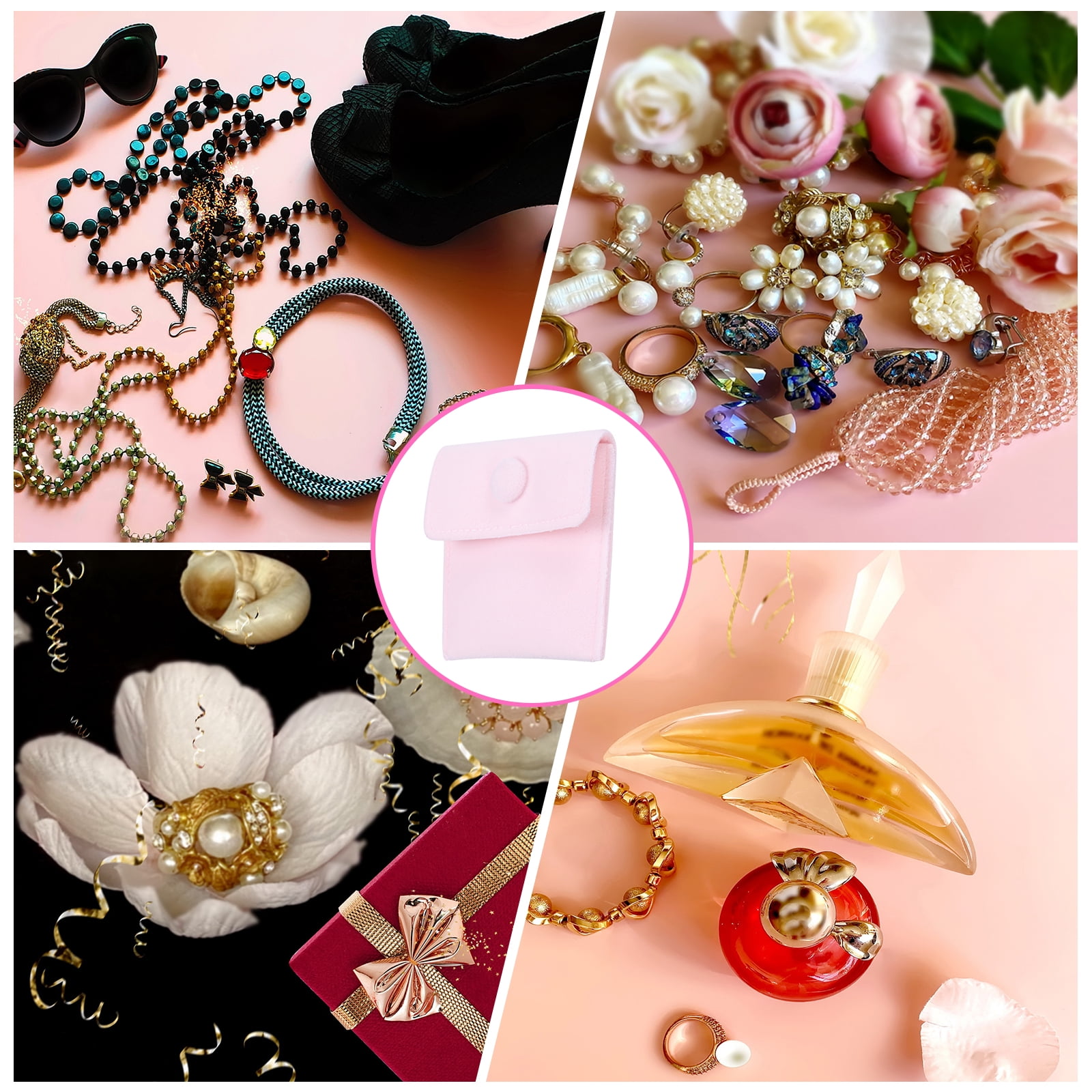 Unique Bargains Velvet Jewelry Pouches with Snap Button Jewelry Storage Bags 20Pcs Pink