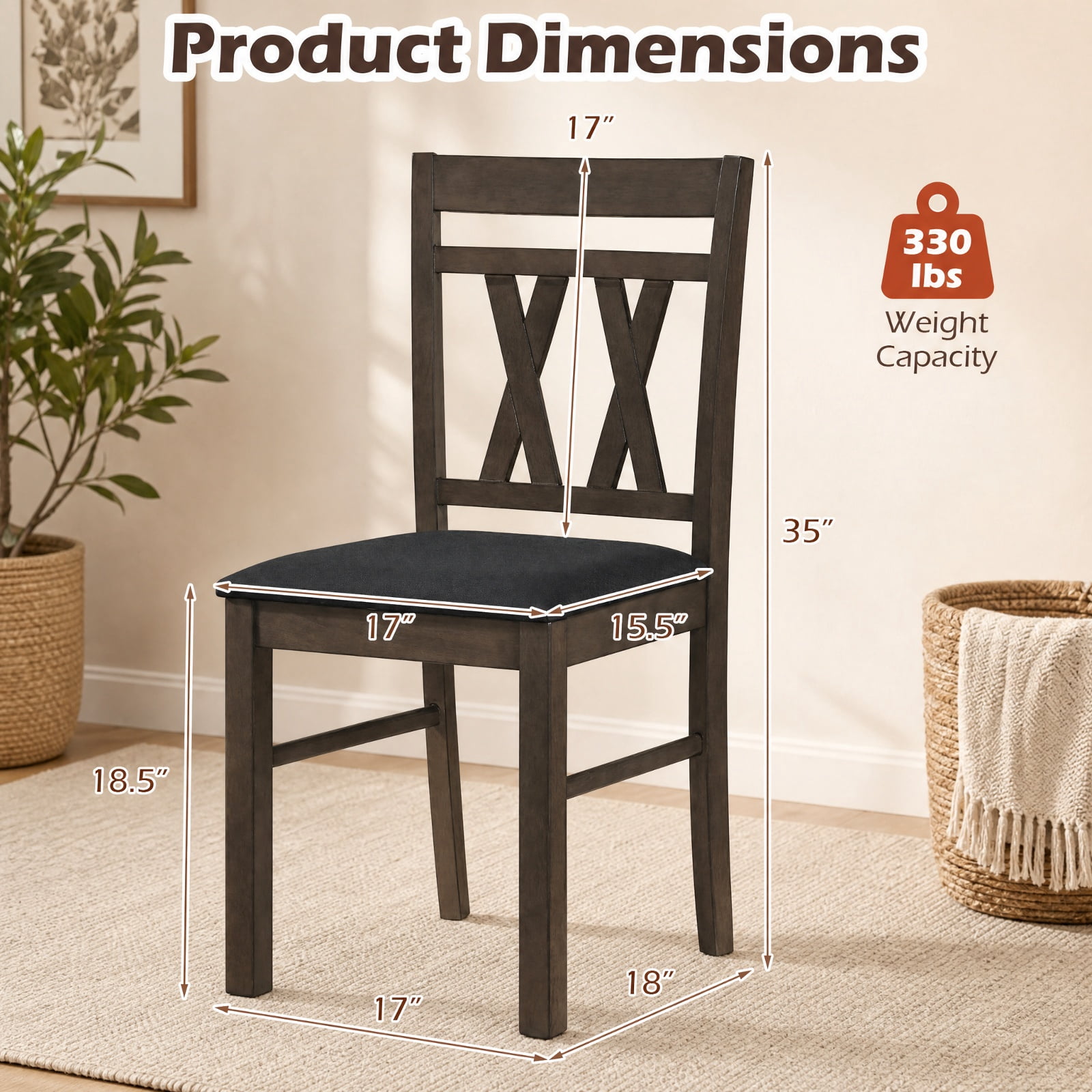 Furnibear Set of 2 Modern Linen Style Upholstered Kitchen Chairs with High Back and Rubber Wood Frame for Dining Room, Gray