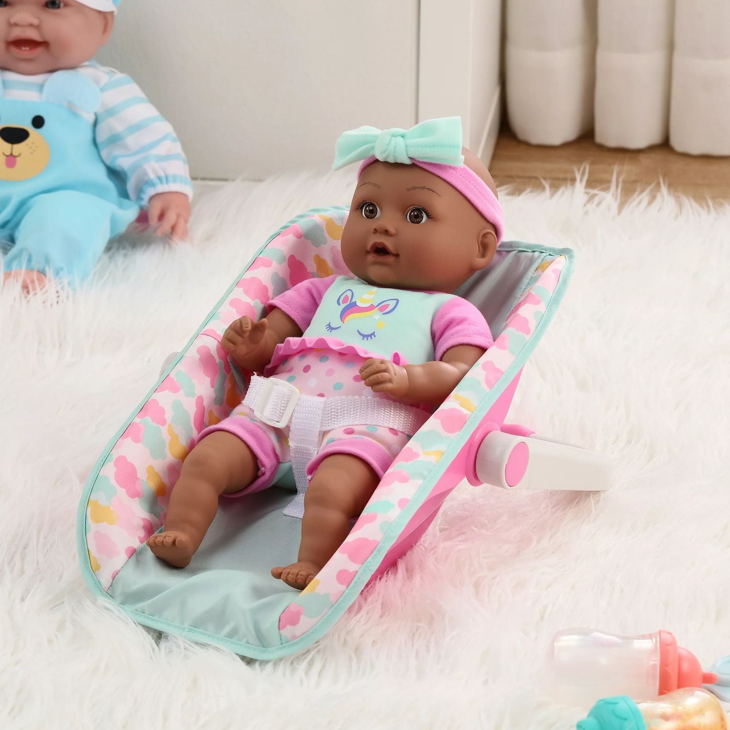 My Sweet Baby 13-inch Baby Doll with Carrier and Handle Play Set, 4 Pieces Included, Dark Skin Tone, Pink Theme, Baby on the go