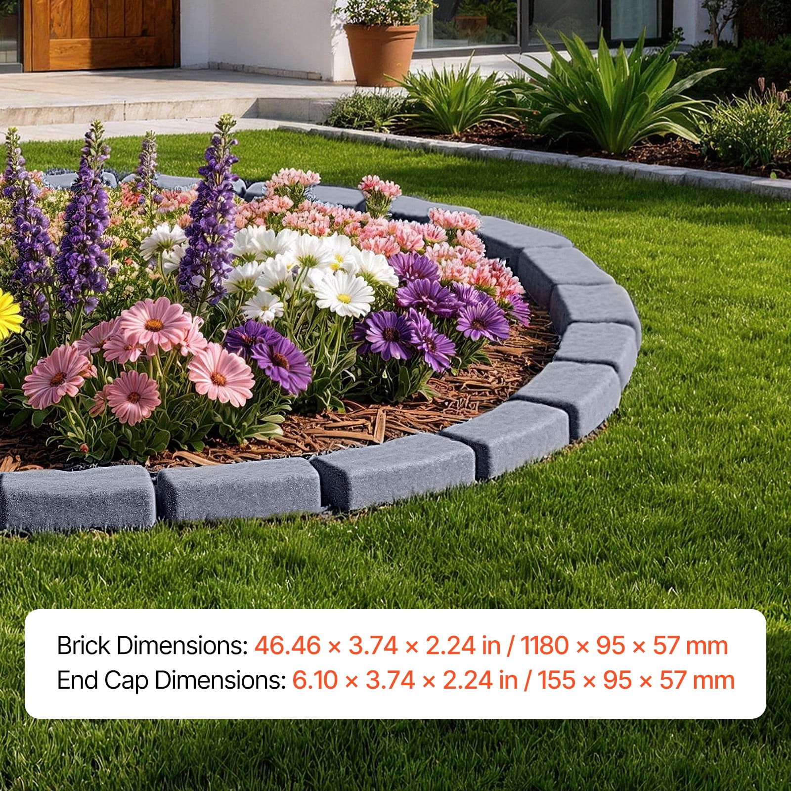 VEVOR Faux Stone Landscape Edging, 15.5 ft Kit, No Dig Garden Edging Border, Blocks for Lawn, Flower Beds, Yards, 4 Pack Each Section Has 6 Bricks 46.46"L x 3.74"W x 2.24"H, 12 Spikes & End Cap, Gray