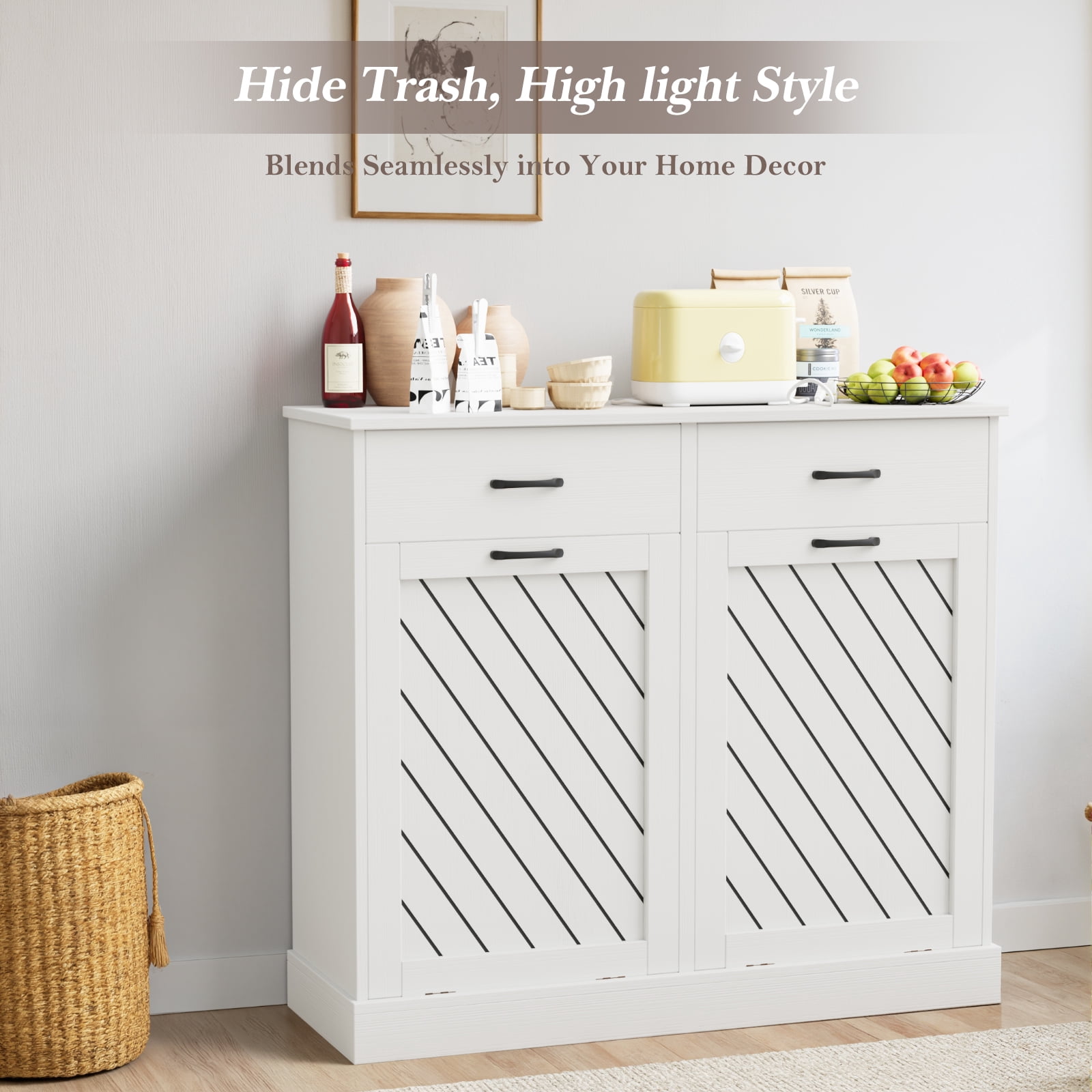 Double Tilt-Out 2x15 Gallons Hidden Garbage Trash Can Cabinet, Hidden Kitchen Trash Cabinet with Storage Drawer, Pet-Proof Wooden Garbage & Recycling Cabinet for Kitchen, Laundry & Living Room, White
