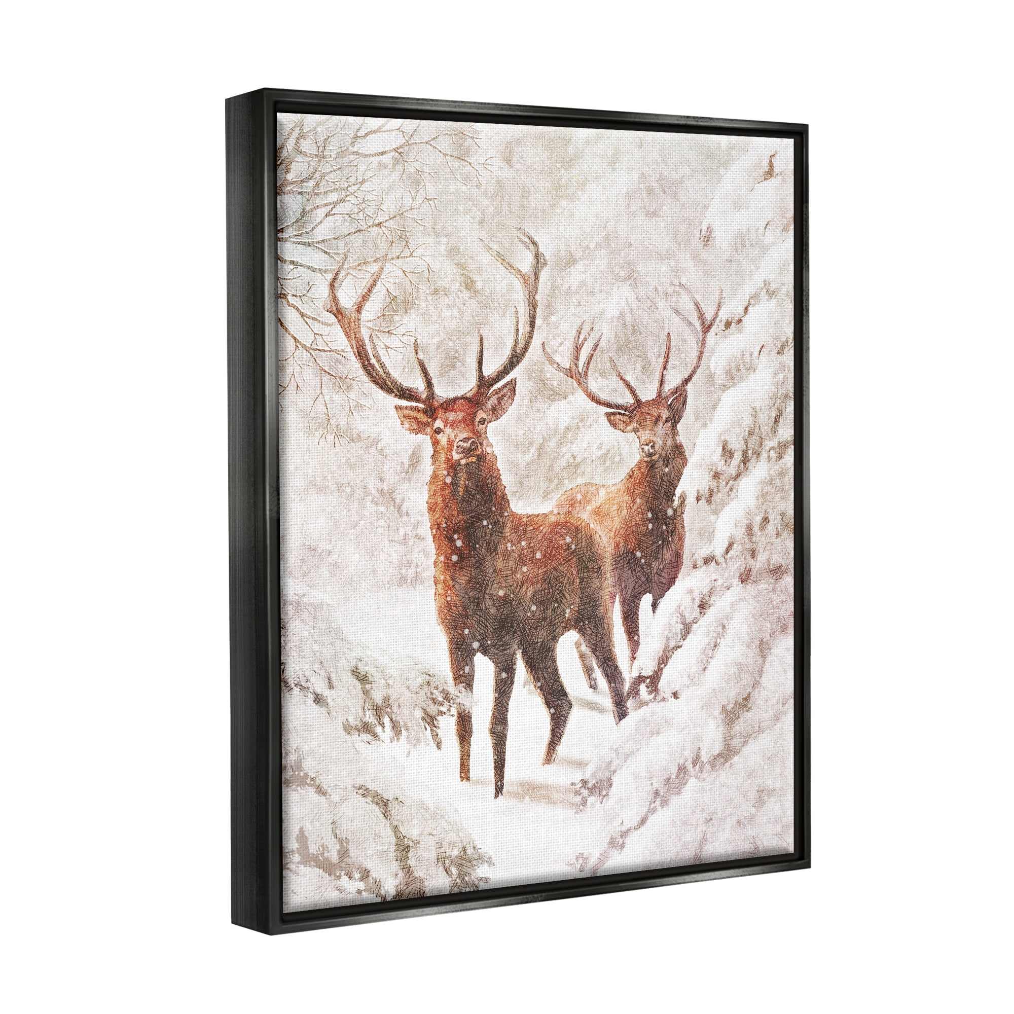 Stupell Industries Elks Snowy Forest Wildlife Holiday Painting Black Floater Framed Art Print Wall Art