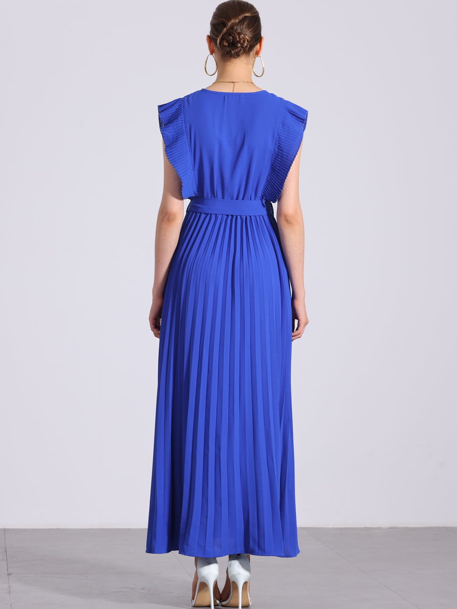 DARING DIVA Maxi Ruffled Sleeve V Neck Pleated Dress S Royal Blue