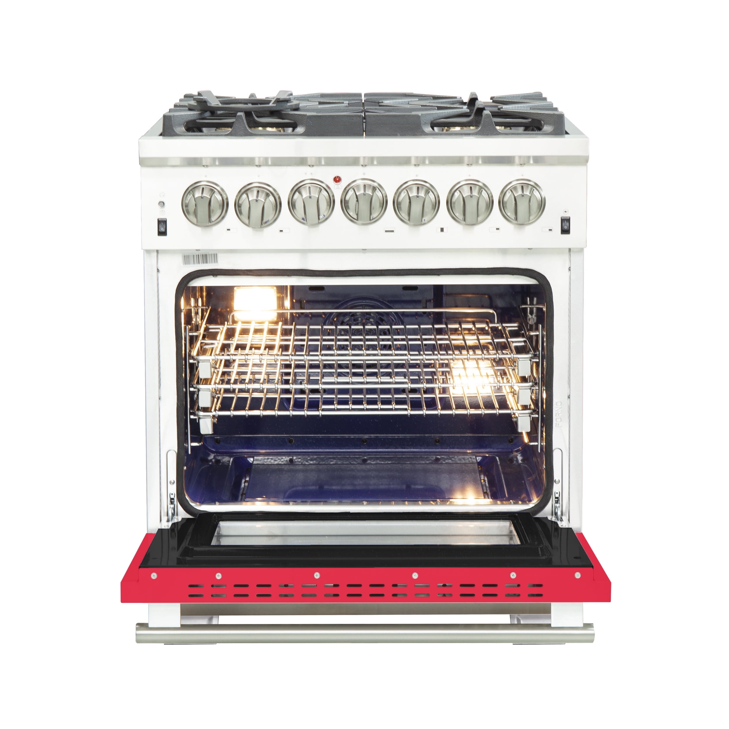 Forno Capriasca 30-Inch Freestanding Dual Fuel Range, 4 Burners, True Convection Oven, Red Door