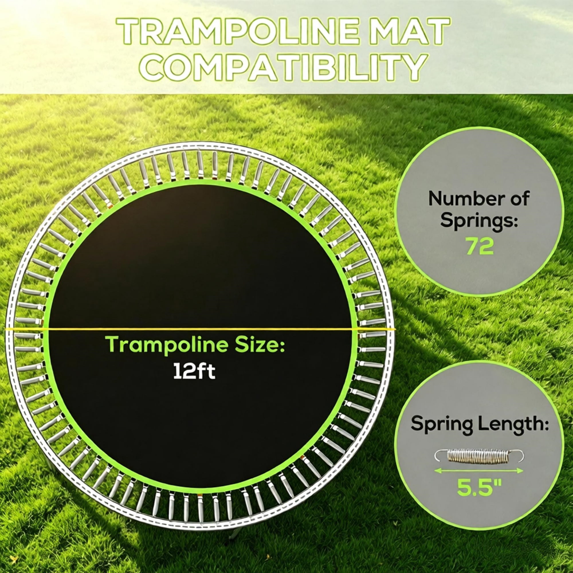 12' Trampoline Replacement Mat, 72 V-Hooks, Fits 5.5" Springs, for Backyard Old Trampoline Surface Upgrade, Green (Spring & Frame Not Included)