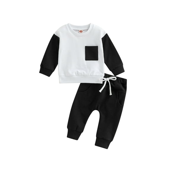 Bagilaanoe 2pcs Toddler Baby Boys Long Pants Set Contrast Color Long Sleeve Pullover Tops   Drawstring Sweatpants 6M 12M 18M 24M 3T Kids Casual Outfits