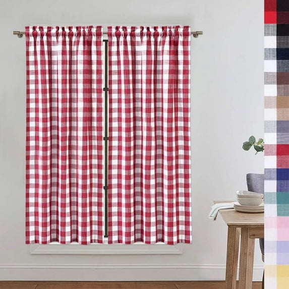 GlowSol Cafe Curtains 45 inches Length Buffalo Plaid Farmhouse Rod Pocket Half Window Curtains for Kitchen Living Room, Red/White, 2 Panels