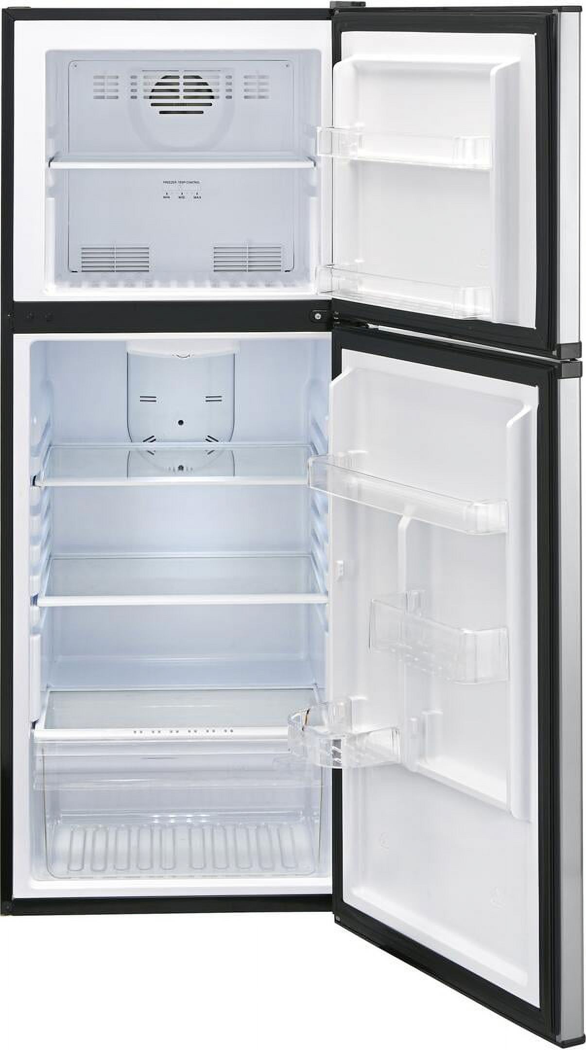 Haier 98 cu ft Top Freezer Refrigerator with Adjustable Glass Shelves, Stainless Steel, 24 in