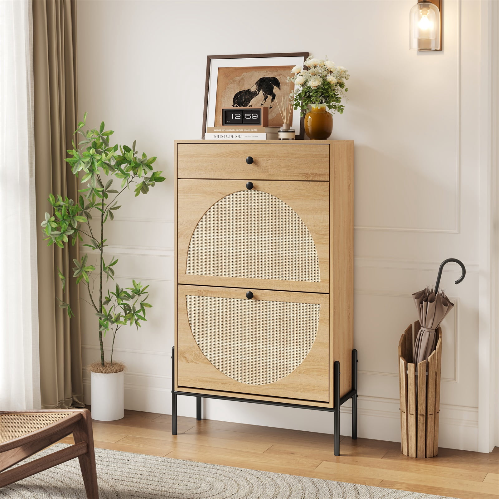 Hommoo 3 Drawers Wooden Shoe Storage Cabinet with Rattan Doors, Freestanding Shoe Storage Organizer for Entryway, Natural