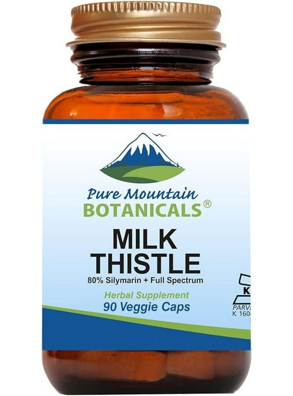 Pure Mountain Botanicals Milk Thistle Capsules - 90 Kosher Vegan Caps with Organic Milk Thistles and Potent Silymarin Extract