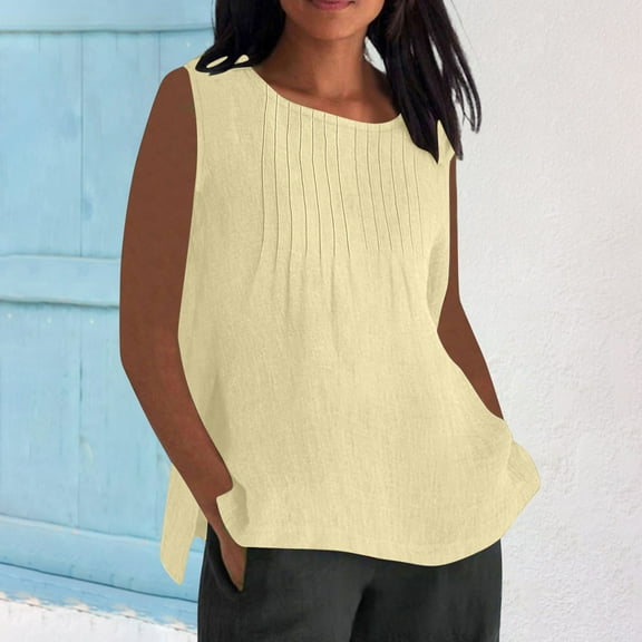 Tittly Women Tank Tops Womens Flowy Tank Tops Tank Tops for Women 2025 Womens Linen Shirts Solid Color Sleeve Tops Summer Round Neck Work Blouses Ladies Basic Tunic Tops Beige