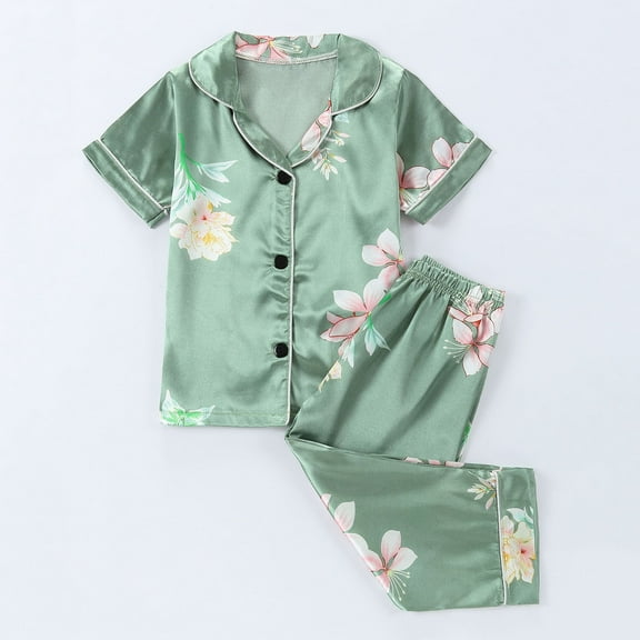 CYRBOKO Girls Pajama Sets, Floral Print Comfy Elastic Waist Short Sleeve Loungewear Sets Green Size 7-8 T