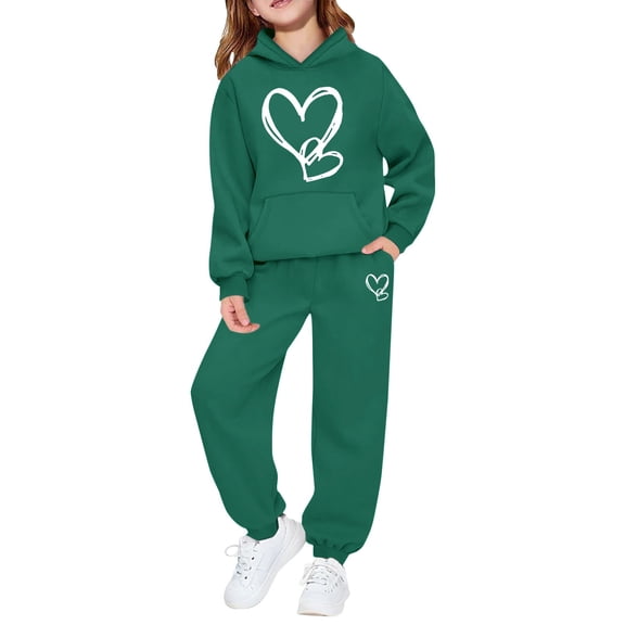 CPNG Teens Kids Unisex Boys Girls Sweatsuit 2 Piece Set Heart Print Sweatsuits Hoodie Sweatshirts and Sweatpants Set(Green,2-3 Years)