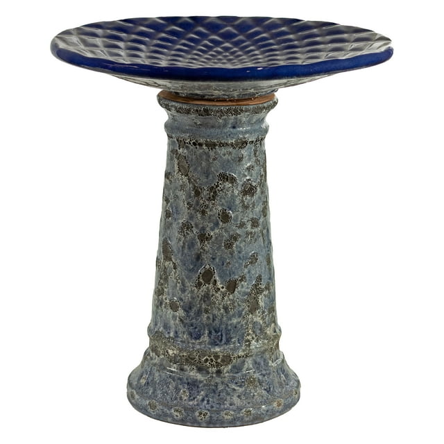 Sunnydaze Rennes Ceramic Bird Bath with Lava Finish -Blue Glazed Bowl with Blue Distressed Ceramic Finish - 22.5"