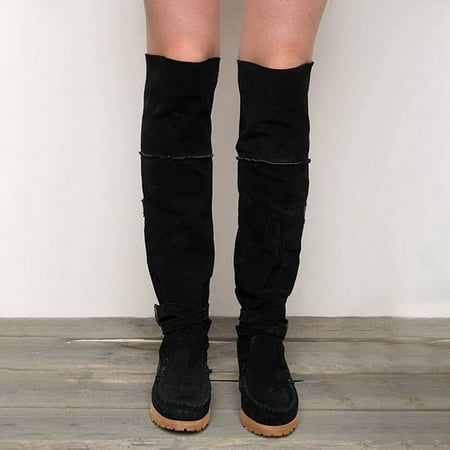 

YOTAMI Womens Boot Round Toe Boots Casual Belt Buckle Low Heel Flat Boots Trendy Black 5.5