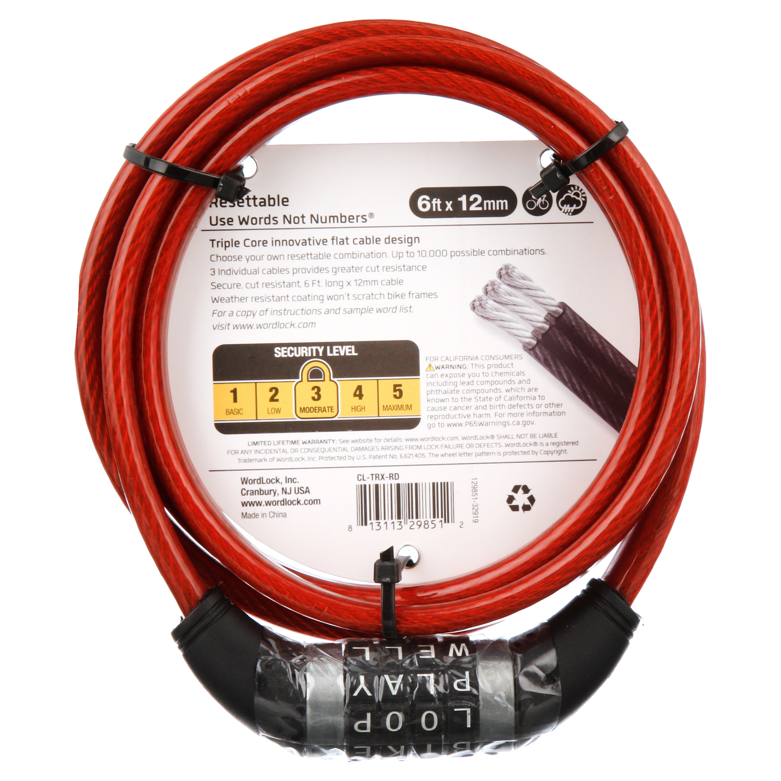Wordlock Triple Core Bike Lock, 6ft x 12mm Resettable Steel Cable Lock, Red