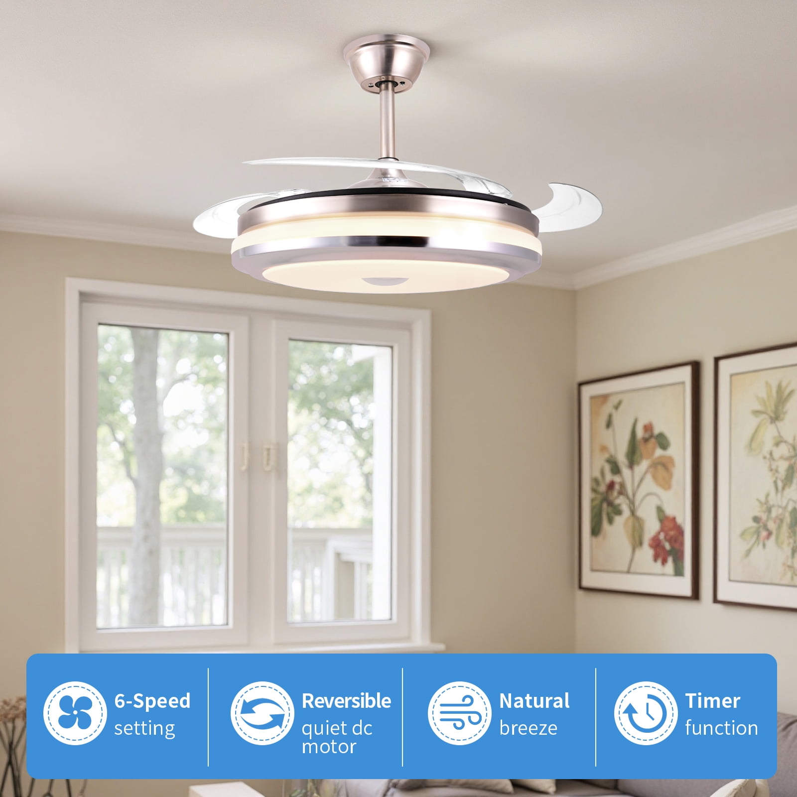 Smart Retractable Ceiling Fan with Light, 42 Inch Fandelier Remote Control, 3 Color Temperature Dimmable LED, 6 Speed Quiet Reversible DC Motor for Bedroom Living Room Kitchen
