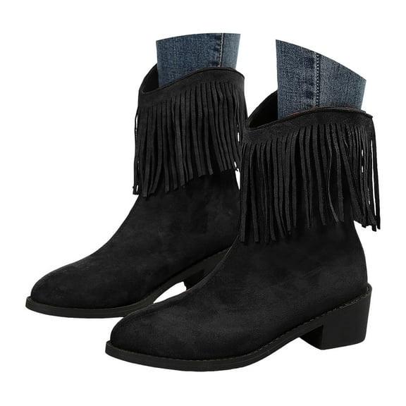 Mostsola Suede Cowboy Boots for Women Chunky Heel Fringe Ankle Boots Casual Zip up Cowgirl Boots