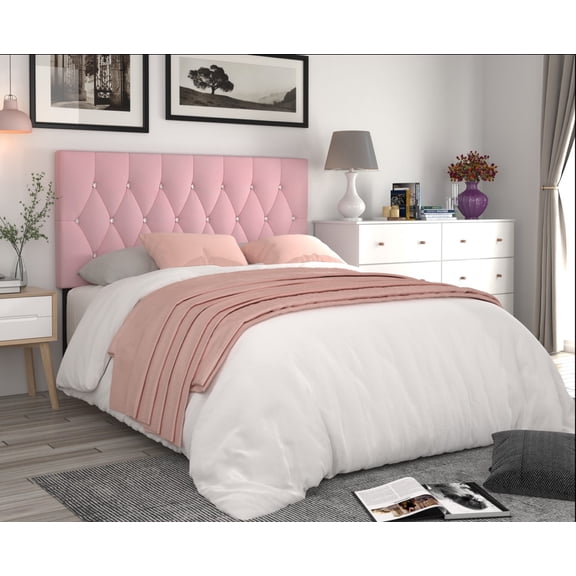 Home Design Concetta King Tufted Upholstered Adjustable Headboard, Pink, Velvet with Diamond Button Tufting, Modern Bedroom Furniture