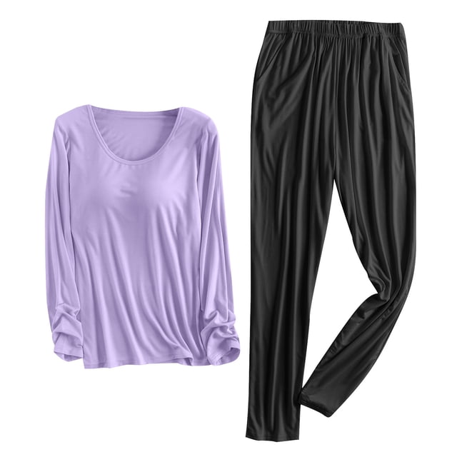 Bowake Pyjamas pour Femmes Ensemble 2 Pcs Col Rond Manches Longues Hauts et Pantalons Ensembles Vêtements de Nuit Pjs avec Coussin de Poitrine