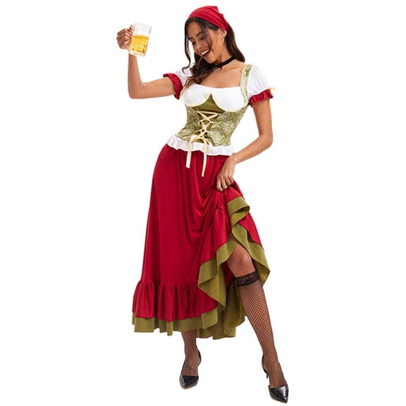 LEKWK Dirndl Dresses Women Short Sleeve Ruffle Lace Up Halloween Costume Renaissance Maiden Costume Cosplay Oktoberfest Outfit