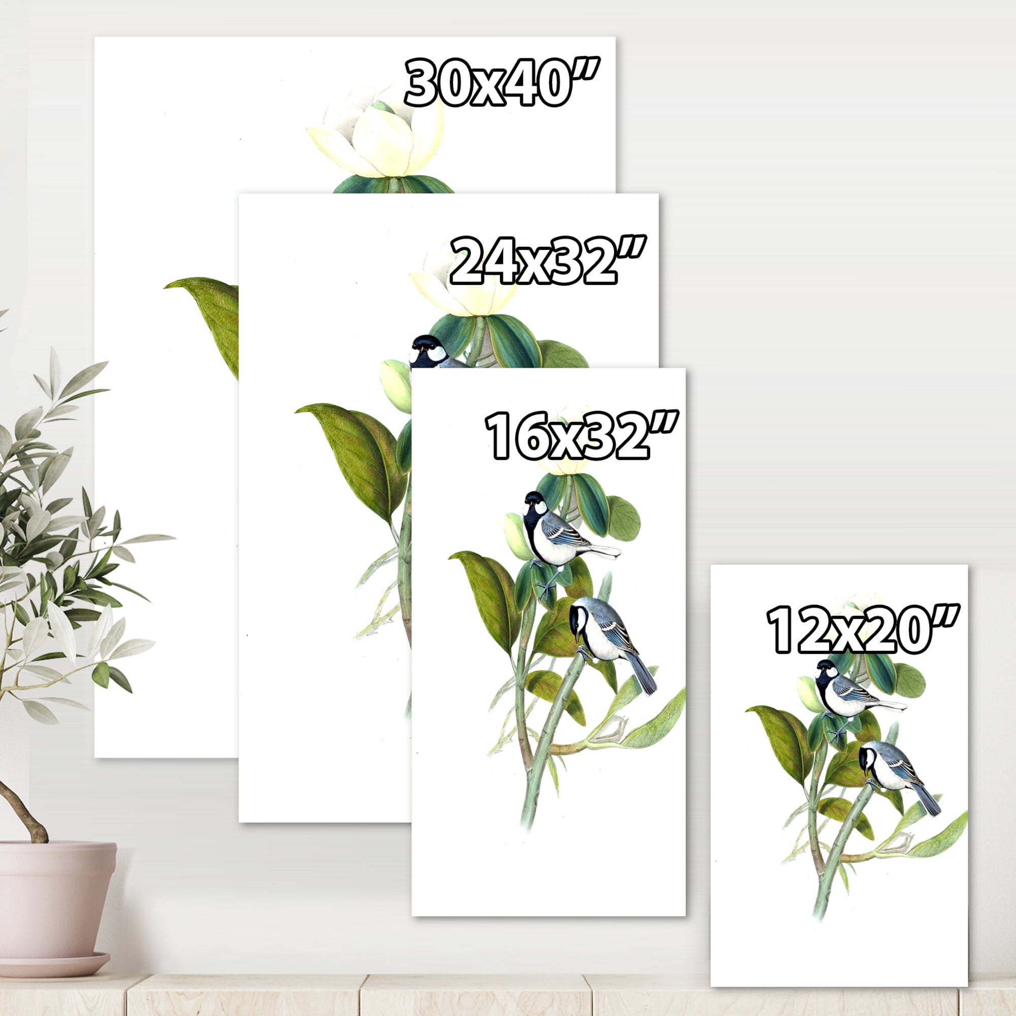 Vintage Countryside Birds On Branch I 8 in x 12 in Painting Canvas Art Print, by Designart