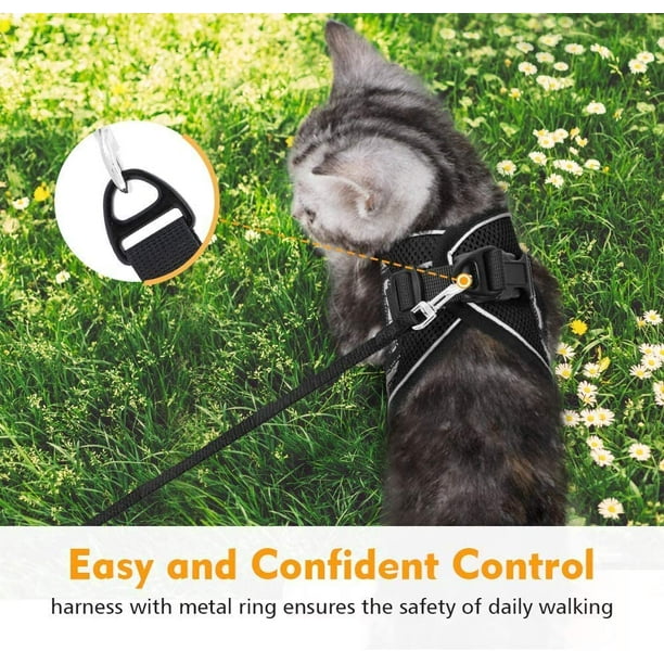 Soft Cushion Cat Harness with Leash Breathable Kitten Harness with Reflective Stripes Adjustable Black Vest Easy to Put on