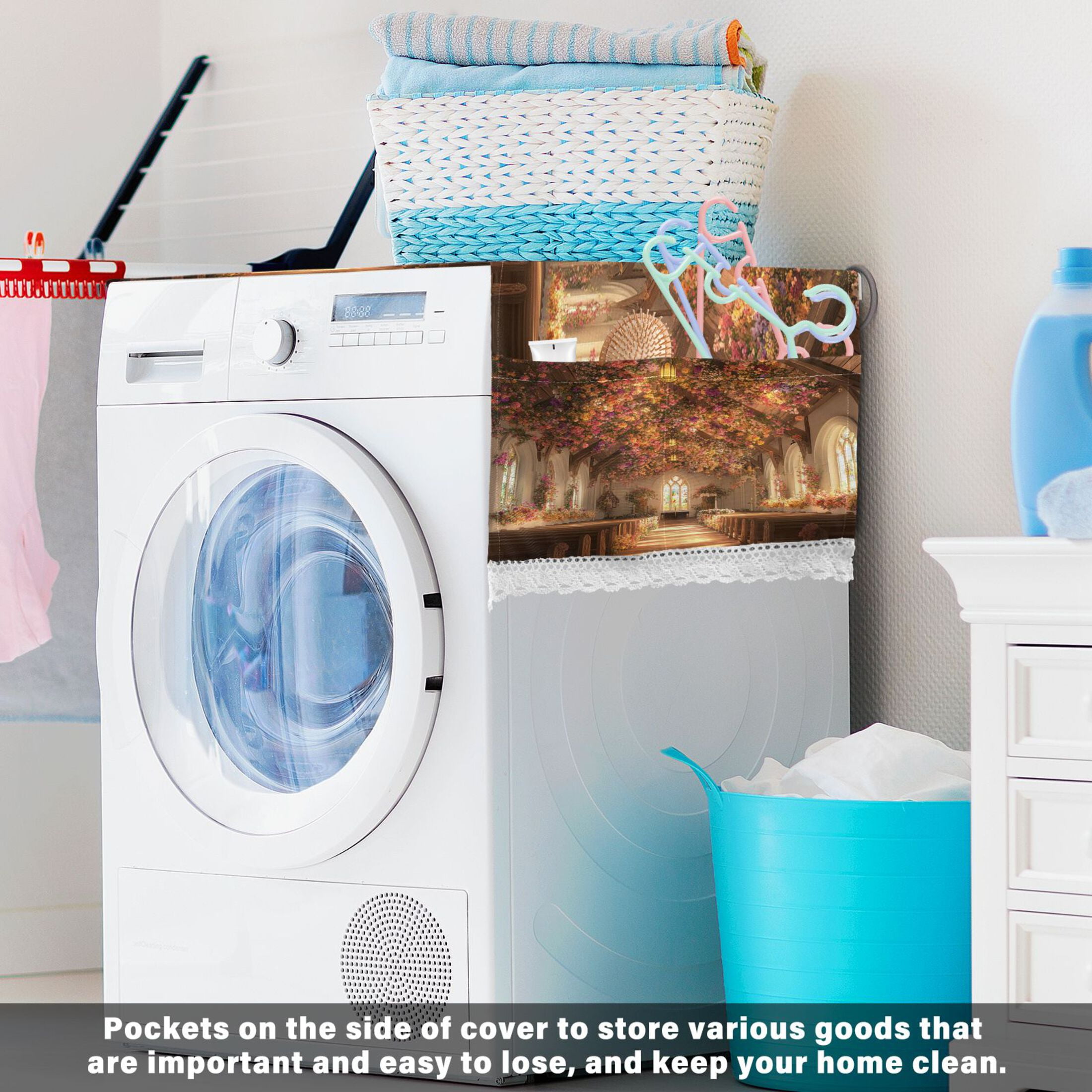 Beautiful ChurchWasher and Dryer Covers Dust-Proof and Oil Resistant Fridge Cover with 4 Storage Pockets Washing Machine Top Cover for Laundry Kitchen Home 51.2 x 22 In
