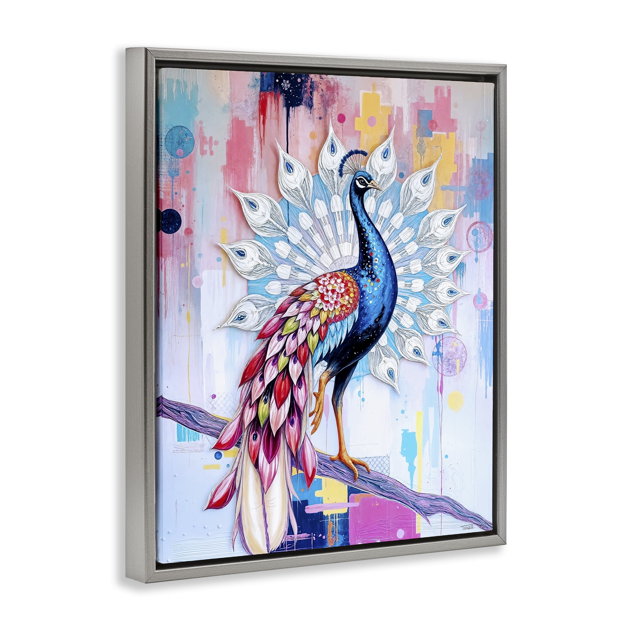 Stupell Industries Radiant Peacock on Branch Gray Framed Floater Canvas Wall Art, design by Tabz Jones