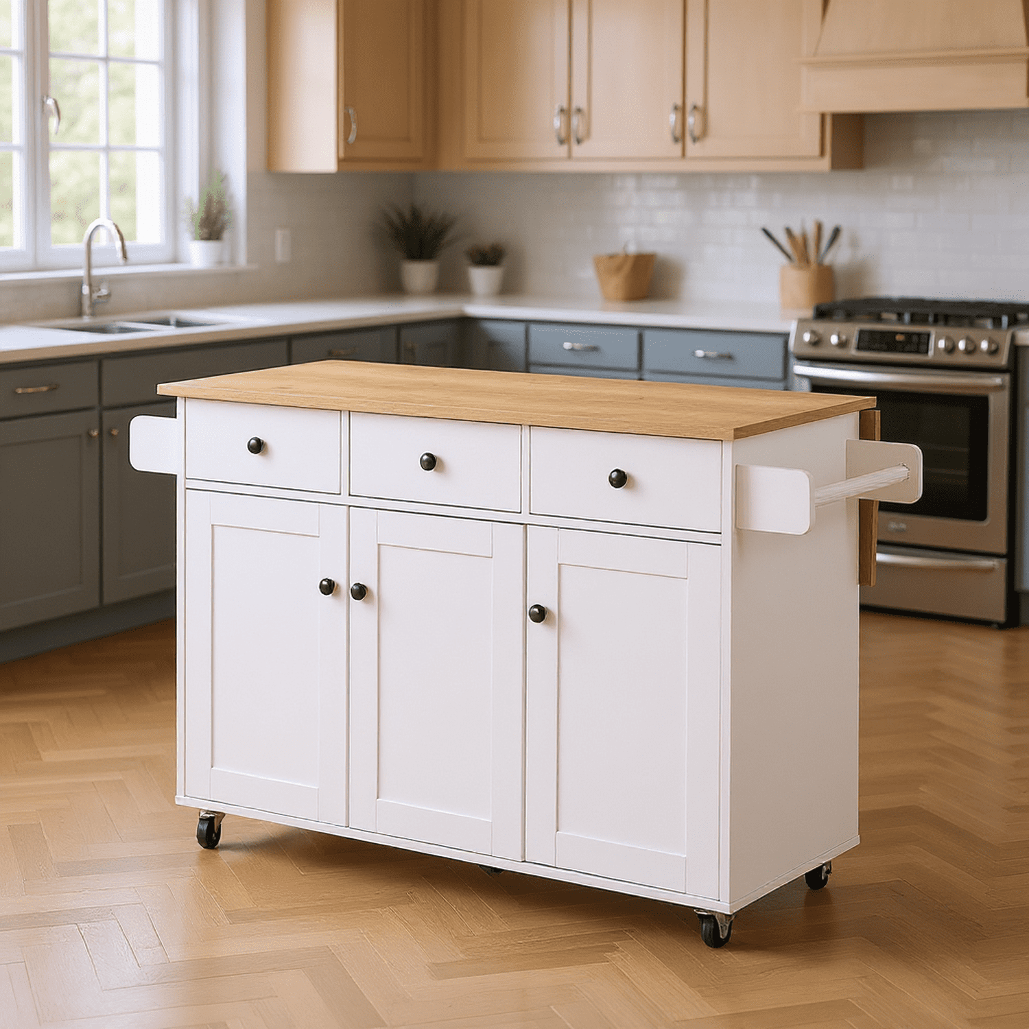 Mobile Kitchen Island Cart with Folding Drop Leaf, Light Oak Top Rolling Storage Cabinet with Drawers, Lockable Wheels & Towel Rack for Kitchen