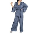 thumbnail image 2 of qolati Womens Pajama Sets Soft Ice Silk Night Robe with Belt and Wide Legs Pants Lounge Set 2 Piece Outfits Cozy Loose Long Sleeve Sleepwear Suits, 2 of 7