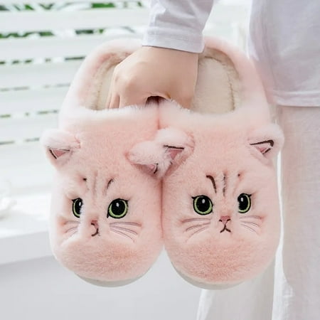 

CoCopeanut Cuddly Cat Plush Slippers for Women Winter Plush Shoes Slides Cute Cartoon Cat Fuzzy Supple Cotton Slipper Ladies Home Slipper