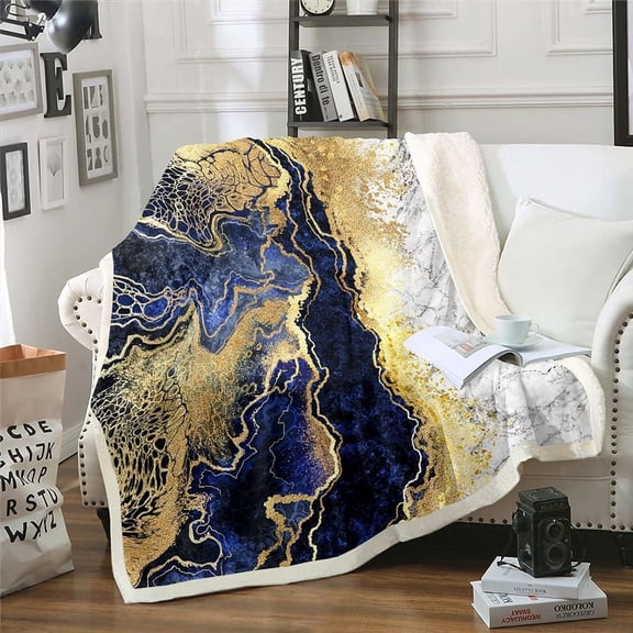 Marble Plush Blanket Twin 60"x80",Gold Marble Sherpa Blanket,Navy Blue White Marble Throw Blanket for Kids Boys Adults Men Tie Dye Bronzing Sequins Fleece Blanket for Bed Sofa Couch